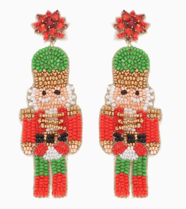 Nutcracker Post Seed Bead Christmas Beaded Drop Earrings